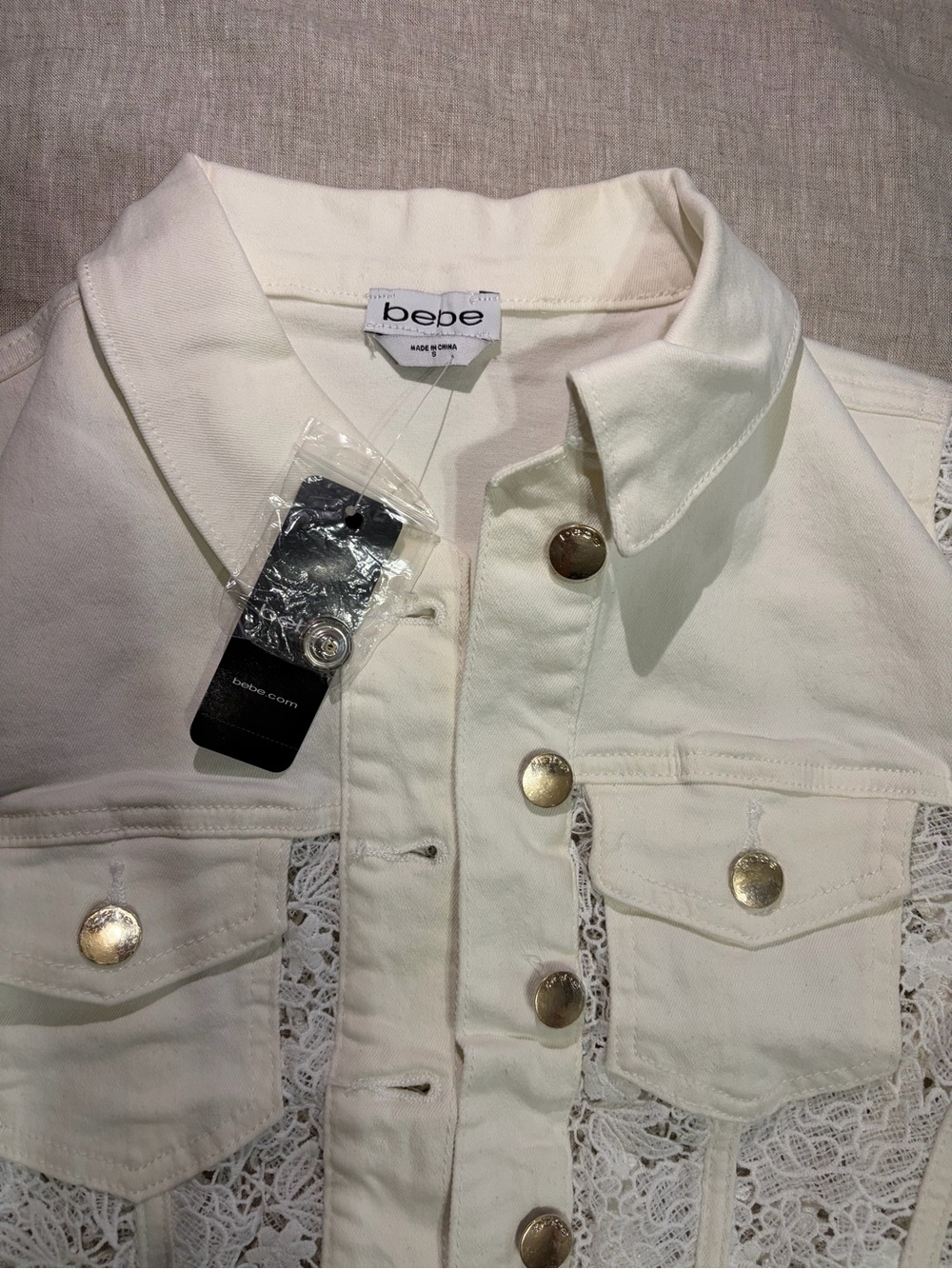 bebe White Lace-Sleeve Denim Jacket - Picture 6 of 6